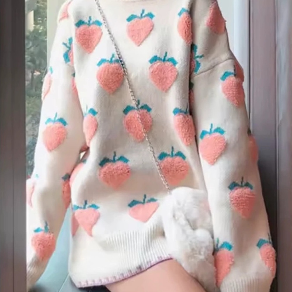 Cozy Strawberry Pattern Sweater - Cream and Pink